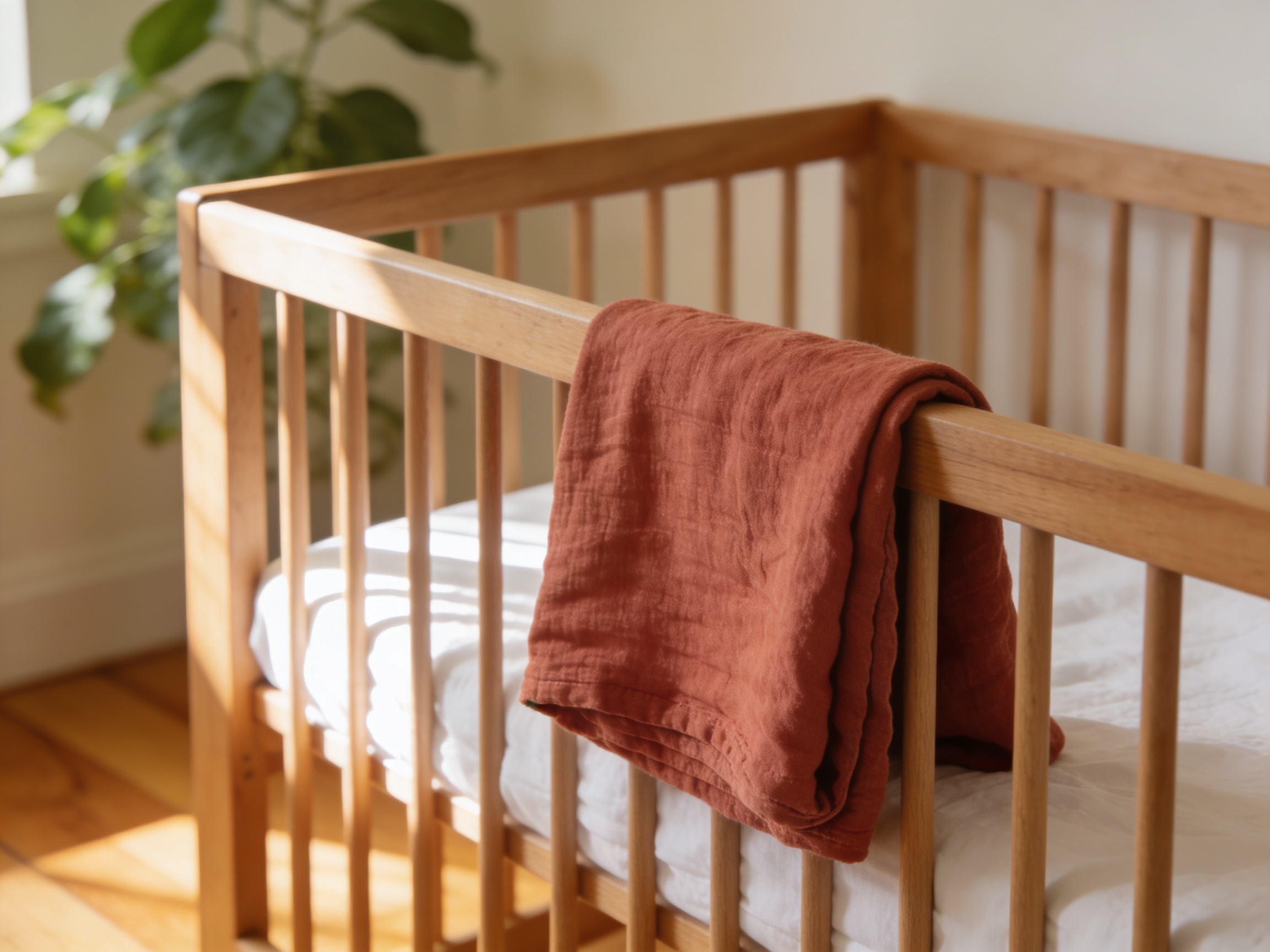Cot → Wooden cot with white linen and terracotta muslin blanket in a warm nursery