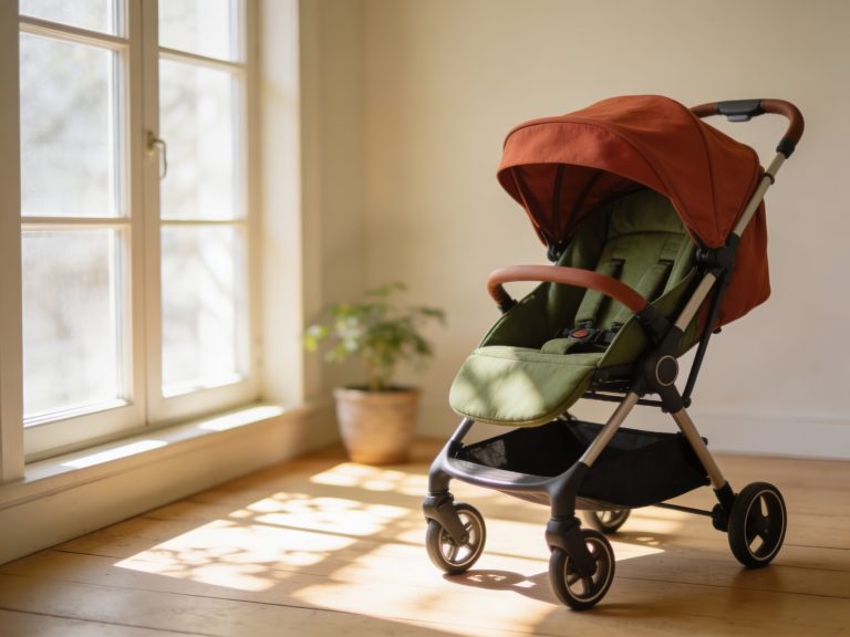 Stroller → Modern pushchair with terracotta canopy and sage seat in a warm room