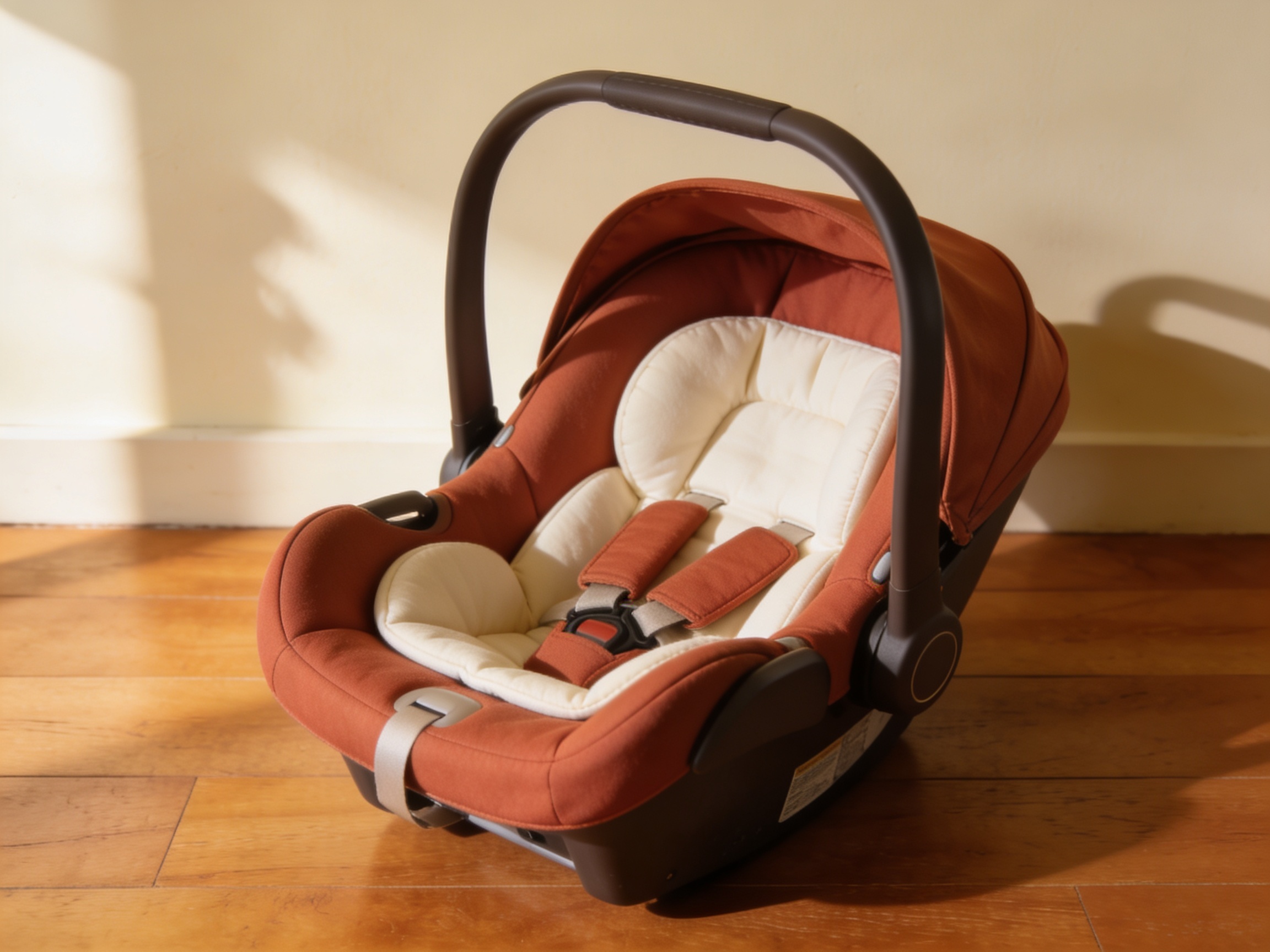 Car Seat → Terracotta infant car seat on a cream-and-oak interior