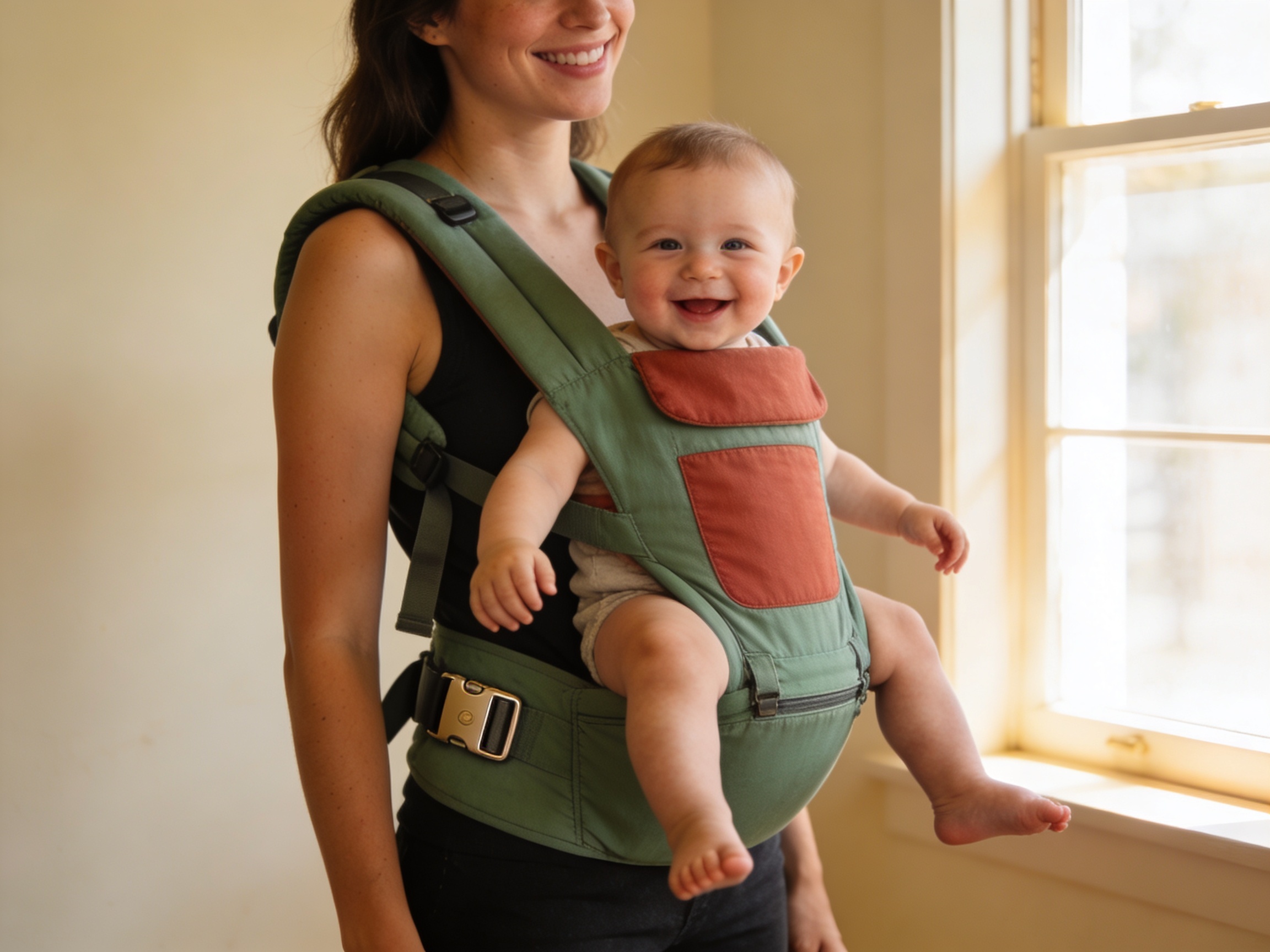 Carrier → Mother forward-carrying a happy baby in a sage and terracotta carrier